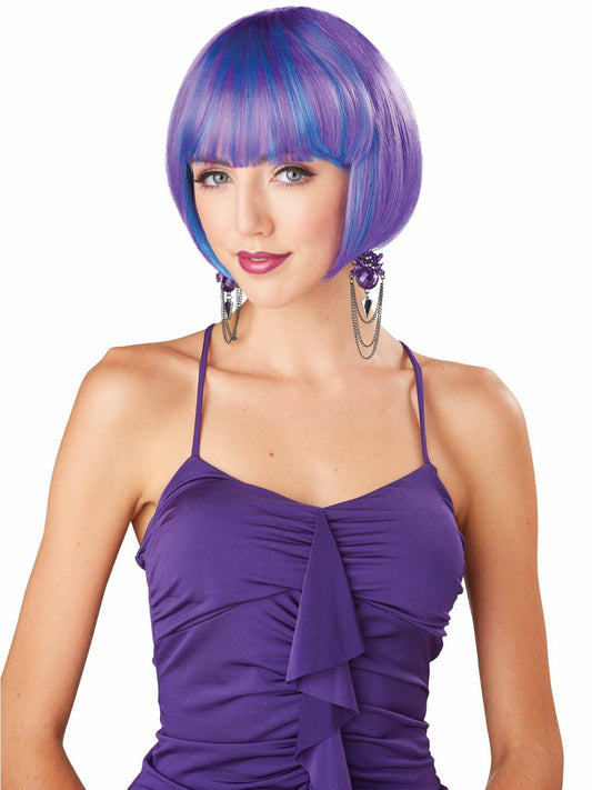 JUST FOR PARTY 13" Short Bob Synthetic Wig with Flat Bangs Purple Blue