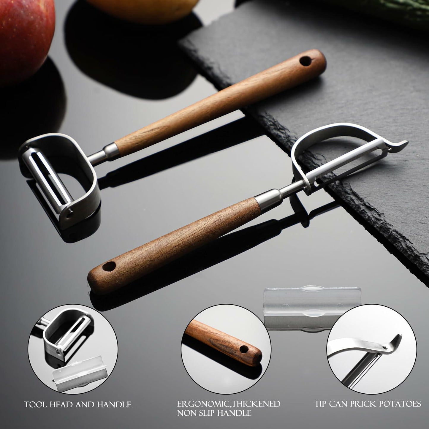 SmileBear Potato Peelers Walnut Wood Handle Stainless Steel Y & I Shaped Set 2
