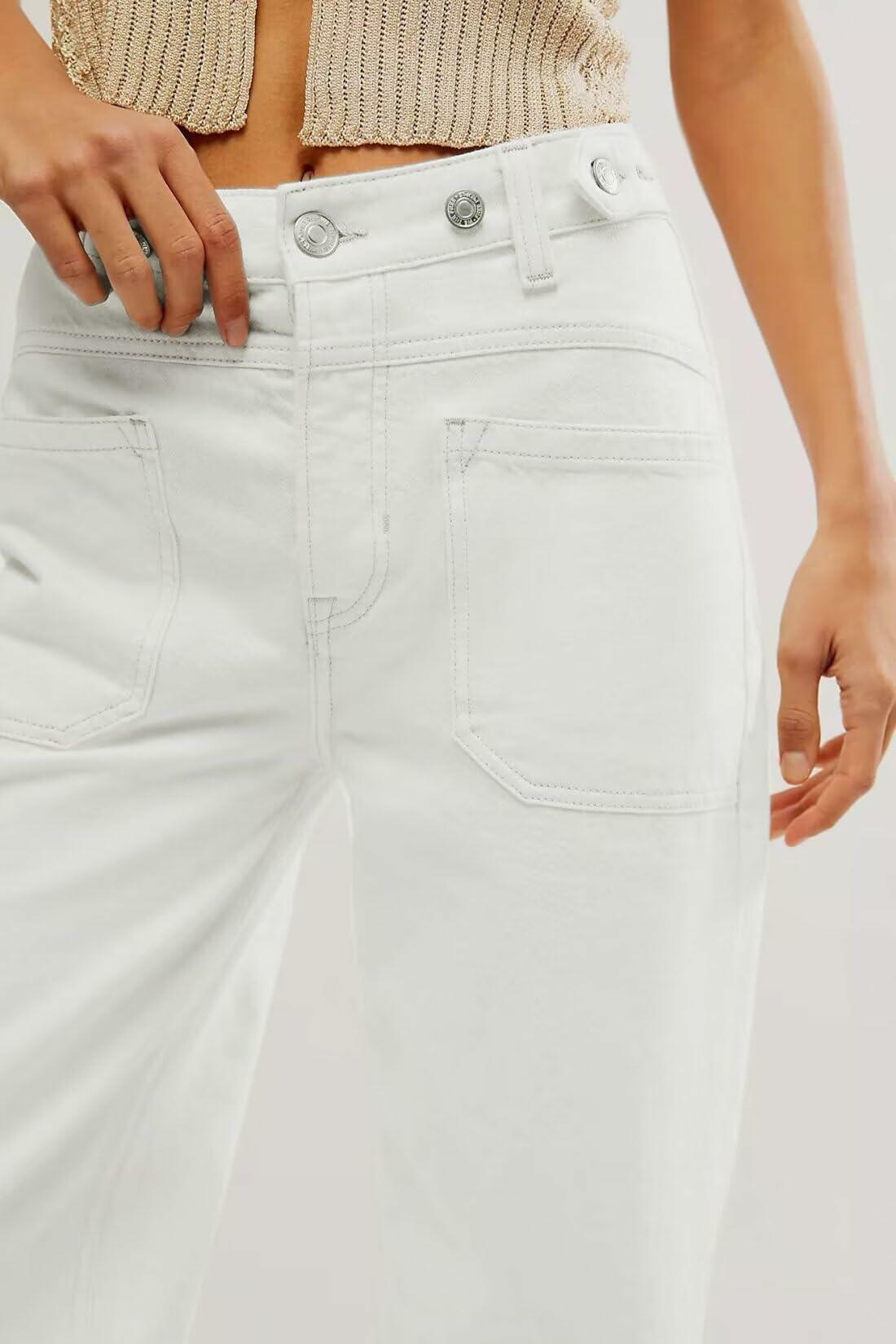 Allimy Womens High Waisted Wide Leg Cargo Jeans White Size 16