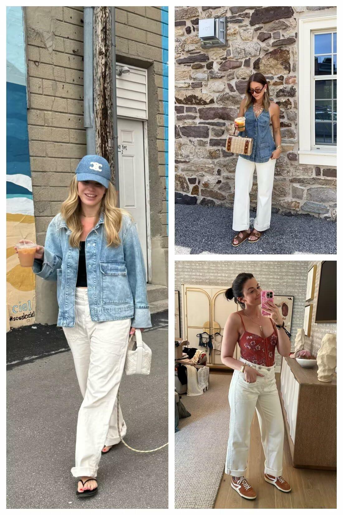 Allimy Womens High Waisted Wide Leg Cargo Jeans White Size 16