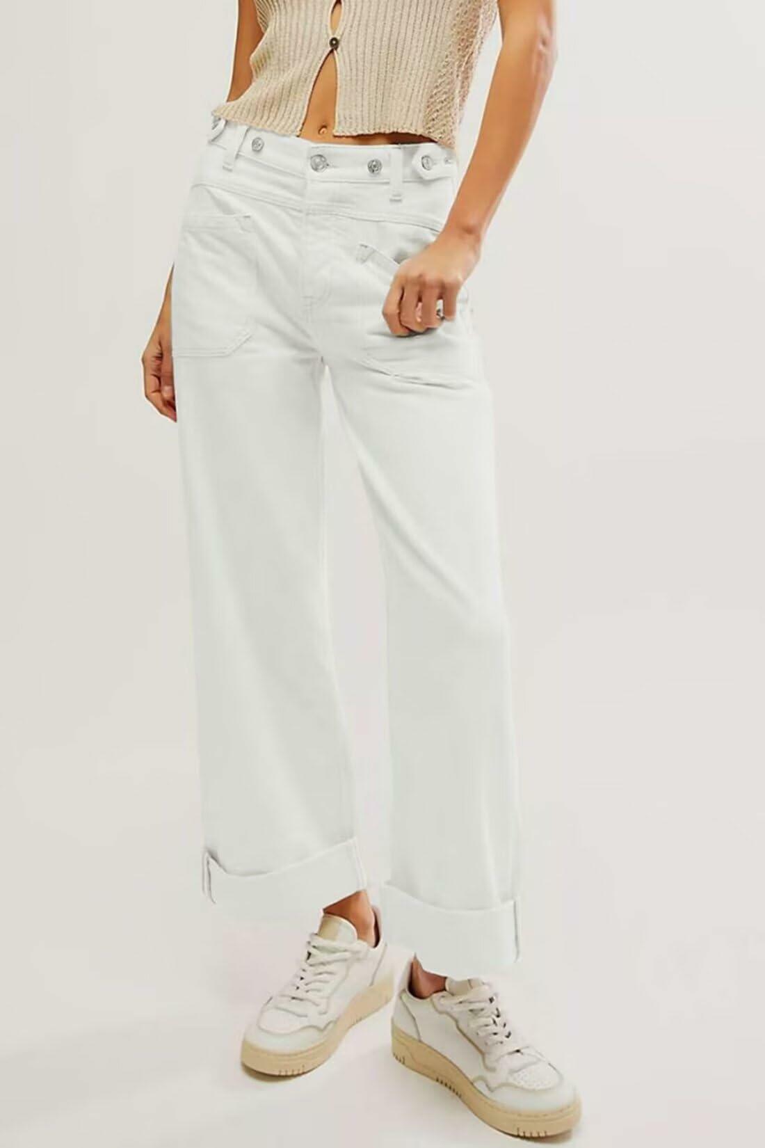 Allimy Womens High Waisted Wide Leg Cargo Jeans White Size 16