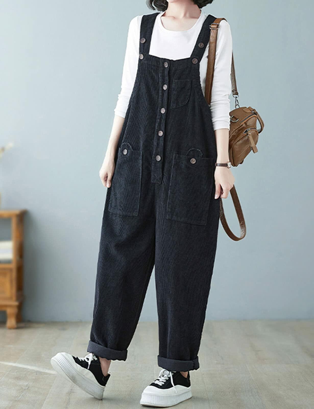 Oaovo Womens Corduroy Pockets Bib Overalls Jumpsuit Wide Leg Black Size M