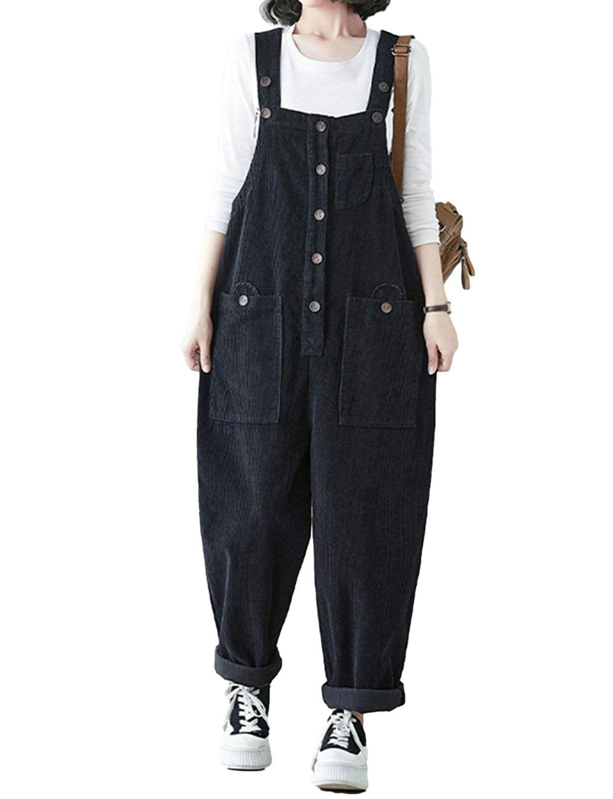 Oaovo Womens Corduroy Pockets Bib Overalls Jumpsuit Wide Leg Black Size M