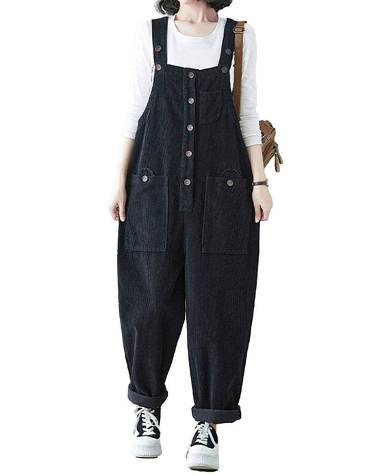 Oaovo Womens Corduroy Pockets Bib Overalls Jumpsuit Wide Leg Black Size M