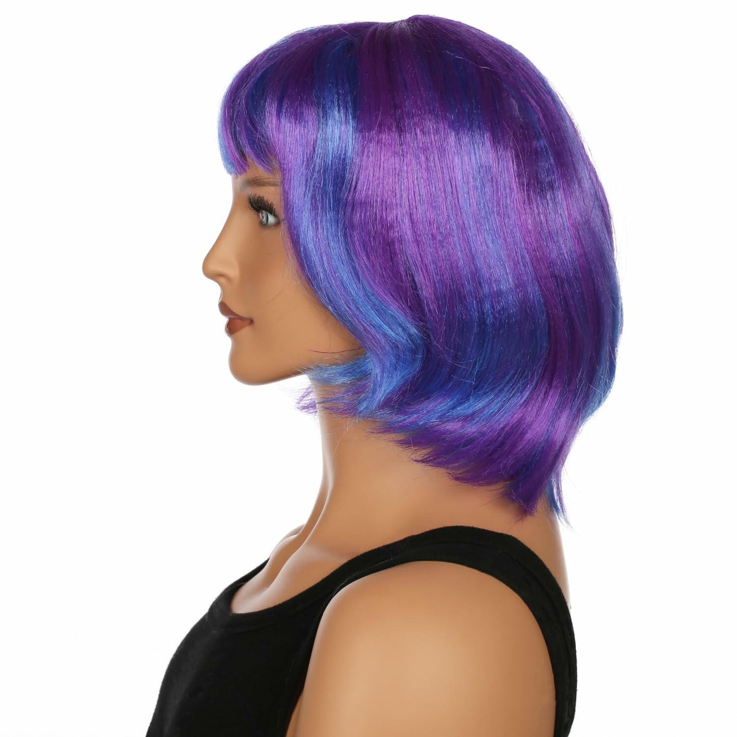 JUST FOR PARTY 13" Short Bob Synthetic Wig with Flat Bangs Purple Blue