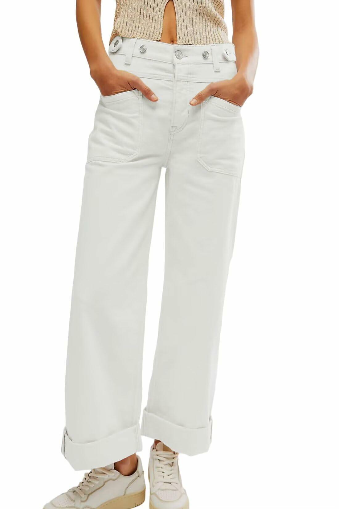 Allimy Womens High Waisted Wide Leg Cargo Jeans White Size 16