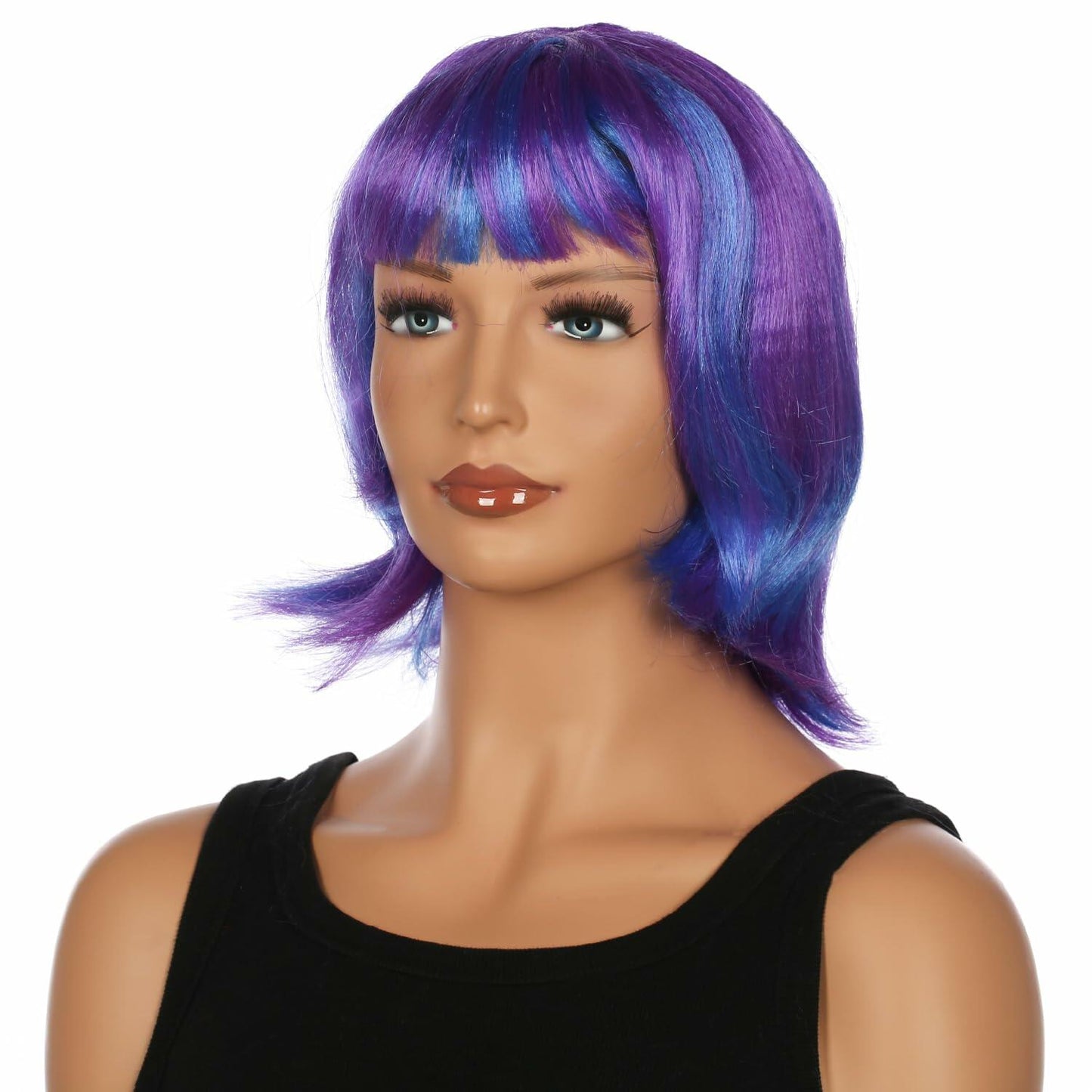 JUST FOR PARTY 13" Short Bob Synthetic Wig with Flat Bangs Purple Blue