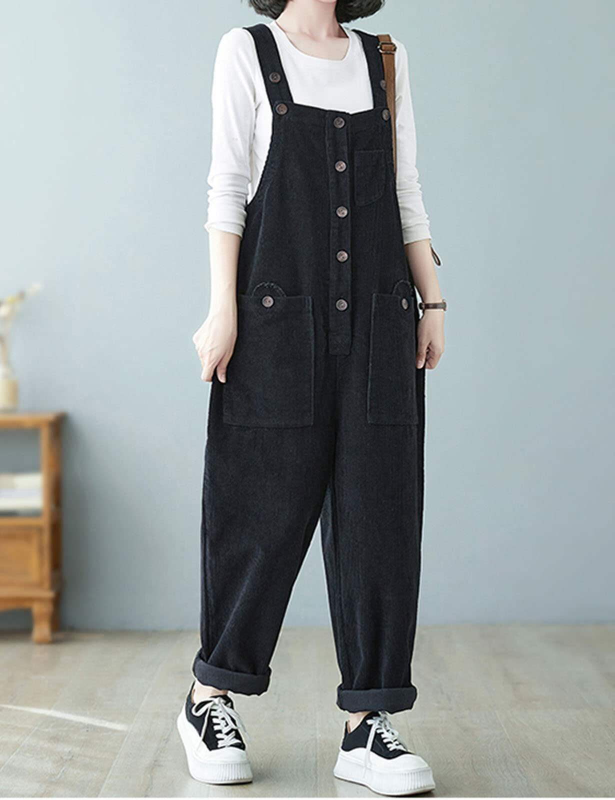 Oaovo Womens Corduroy Pockets Bib Overalls Jumpsuit Wide Leg Black Size M