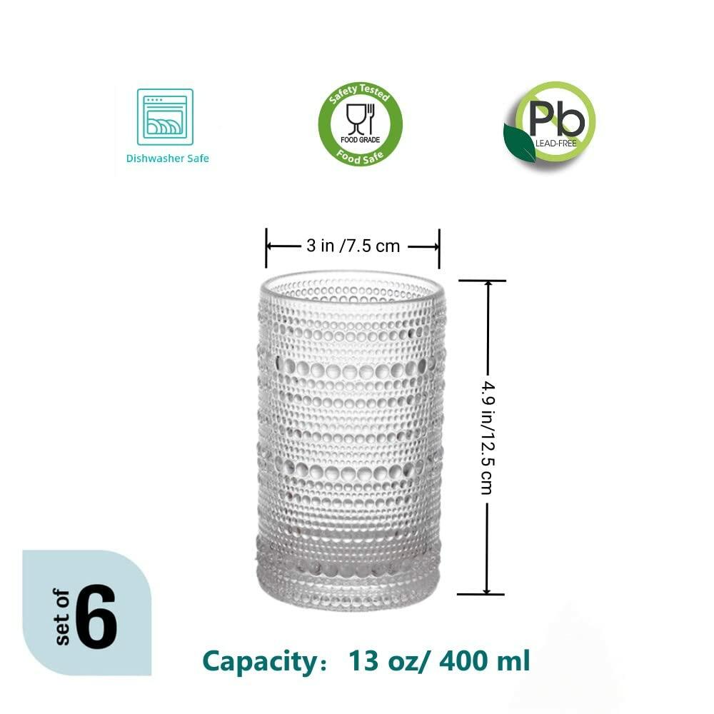 Bandesun Romantic Hobnail Highball Glasses Set of 6 12oz Vintage Clear