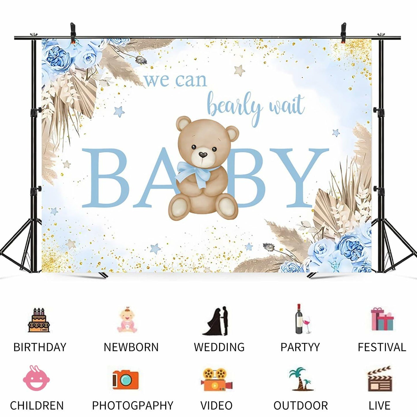 ASDCXZ Baby Shower Backdrop Brown Bear Boho Floral 10x8ft Blue Gold Dots