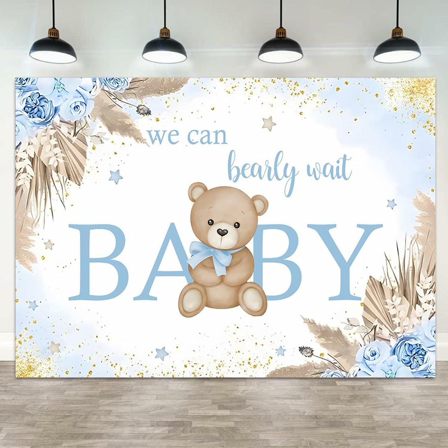 ASDCXZ Baby Shower Backdrop Brown Bear Boho Floral 10x8ft Blue Gold Dots