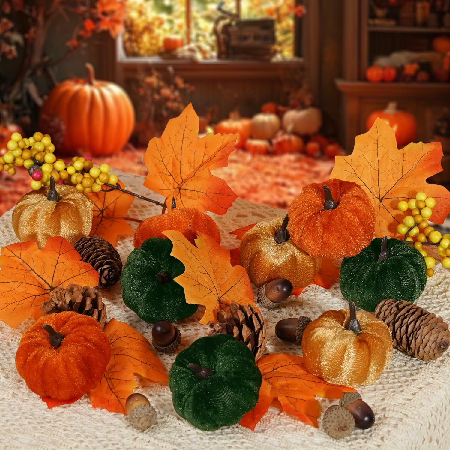 Artmag 25 PCS Fabric Pumpkins Set Fall Decor Maple Leaves Acorns Style 5