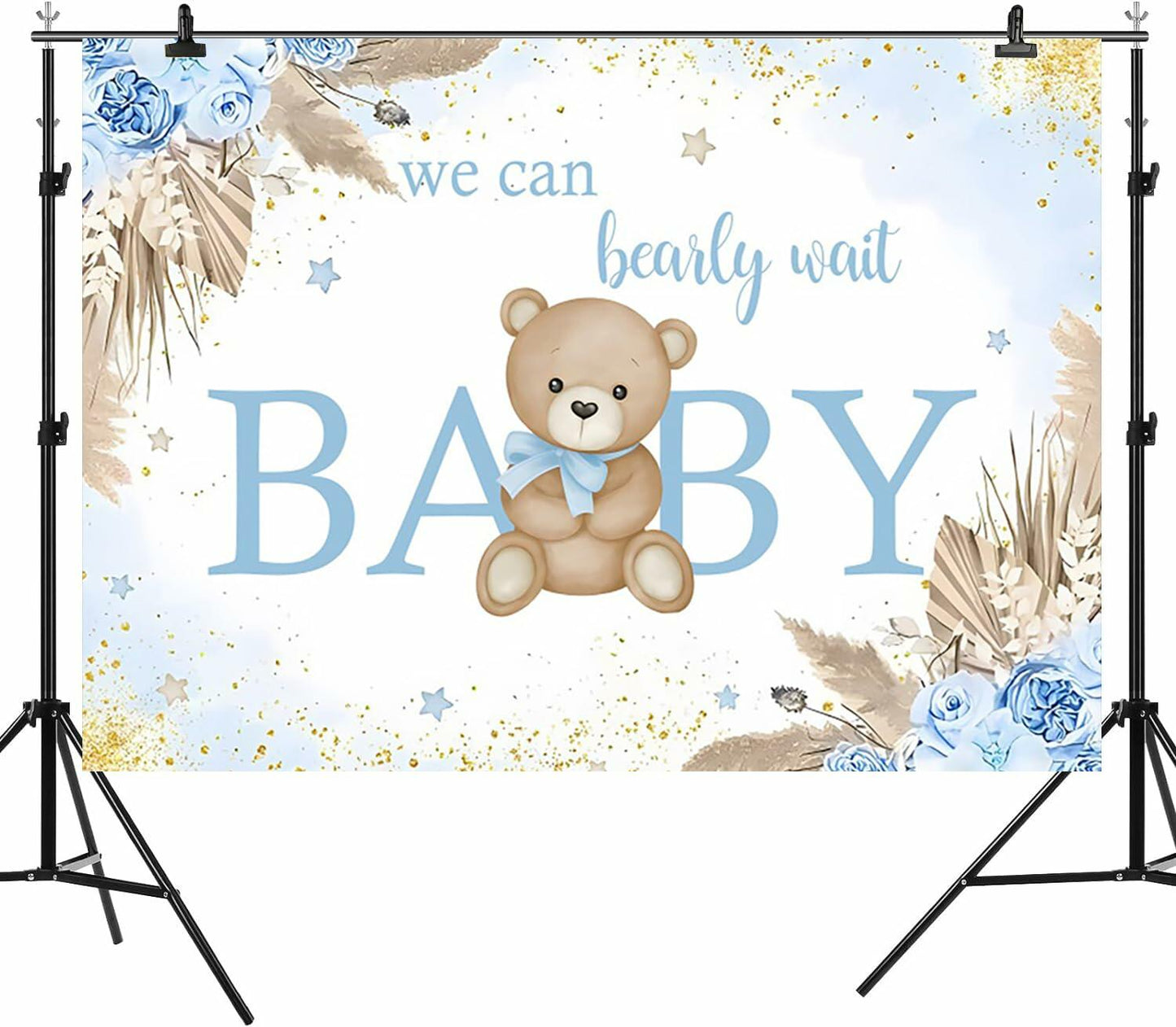 ASDCXZ Baby Shower Backdrop Brown Bear Boho Floral 10x8ft Blue Gold Dots