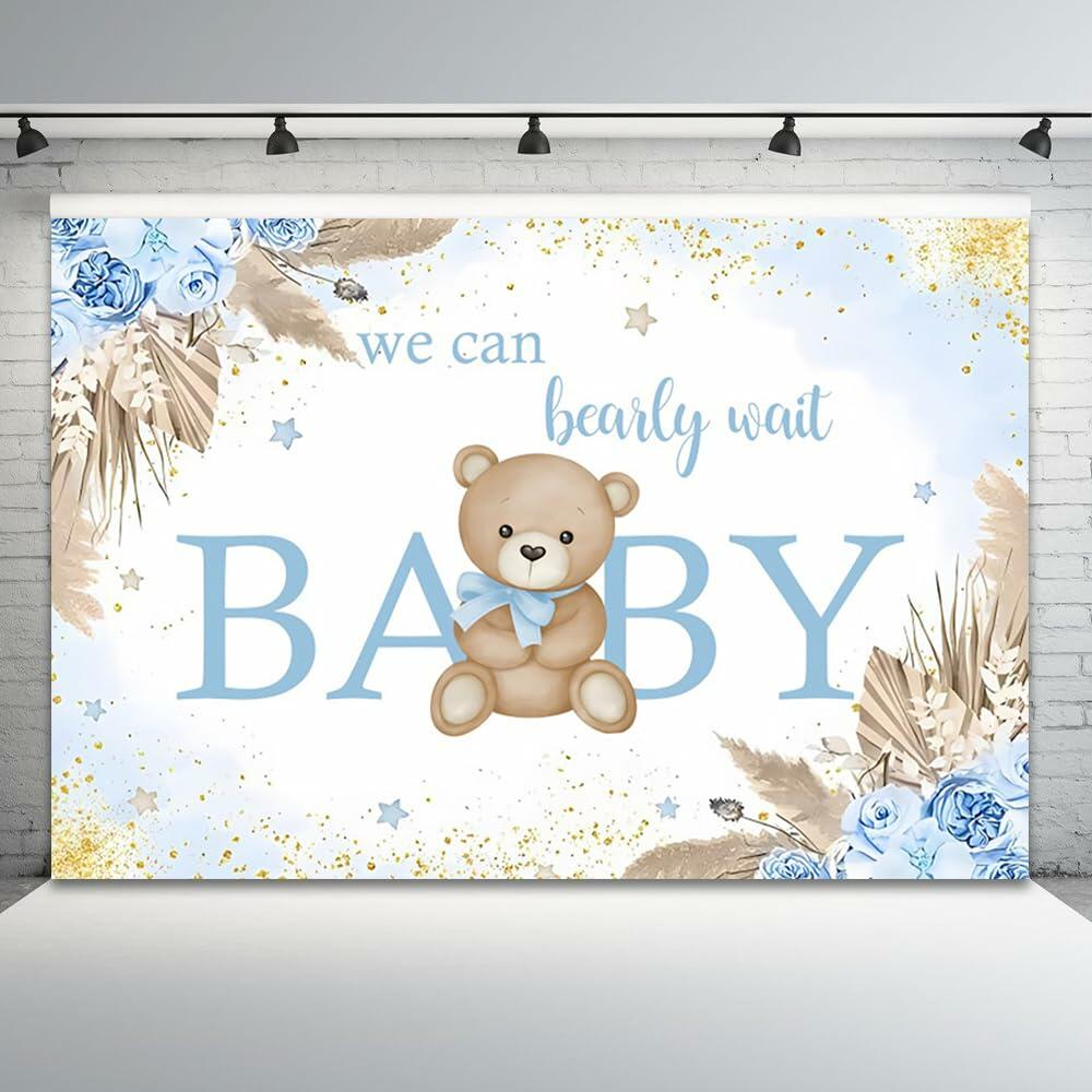 ASDCXZ Baby Shower Backdrop Brown Bear Boho Floral 10x8ft Blue Gold Dots