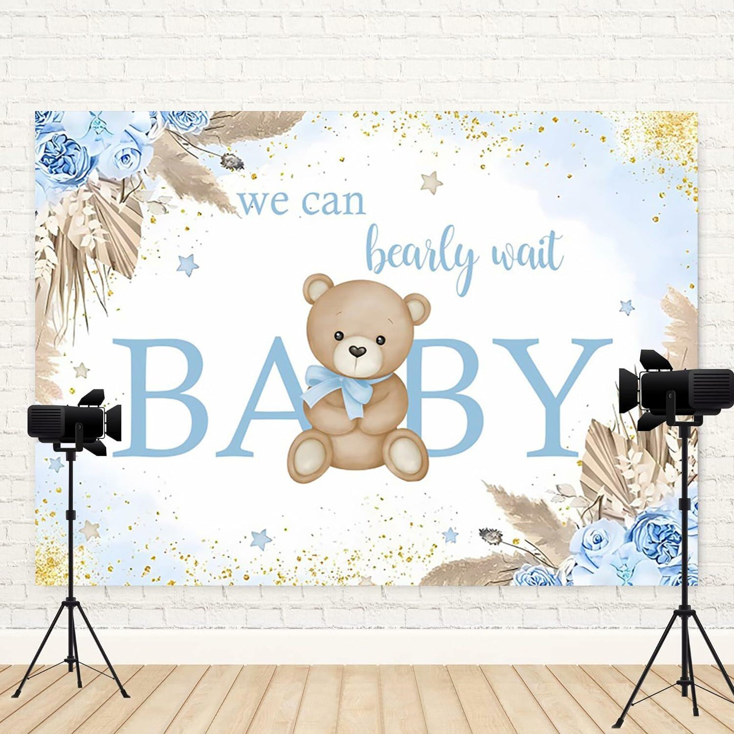 ASDCXZ Baby Shower Backdrop Brown Bear Boho Floral 10x8ft Blue Gold Dots
