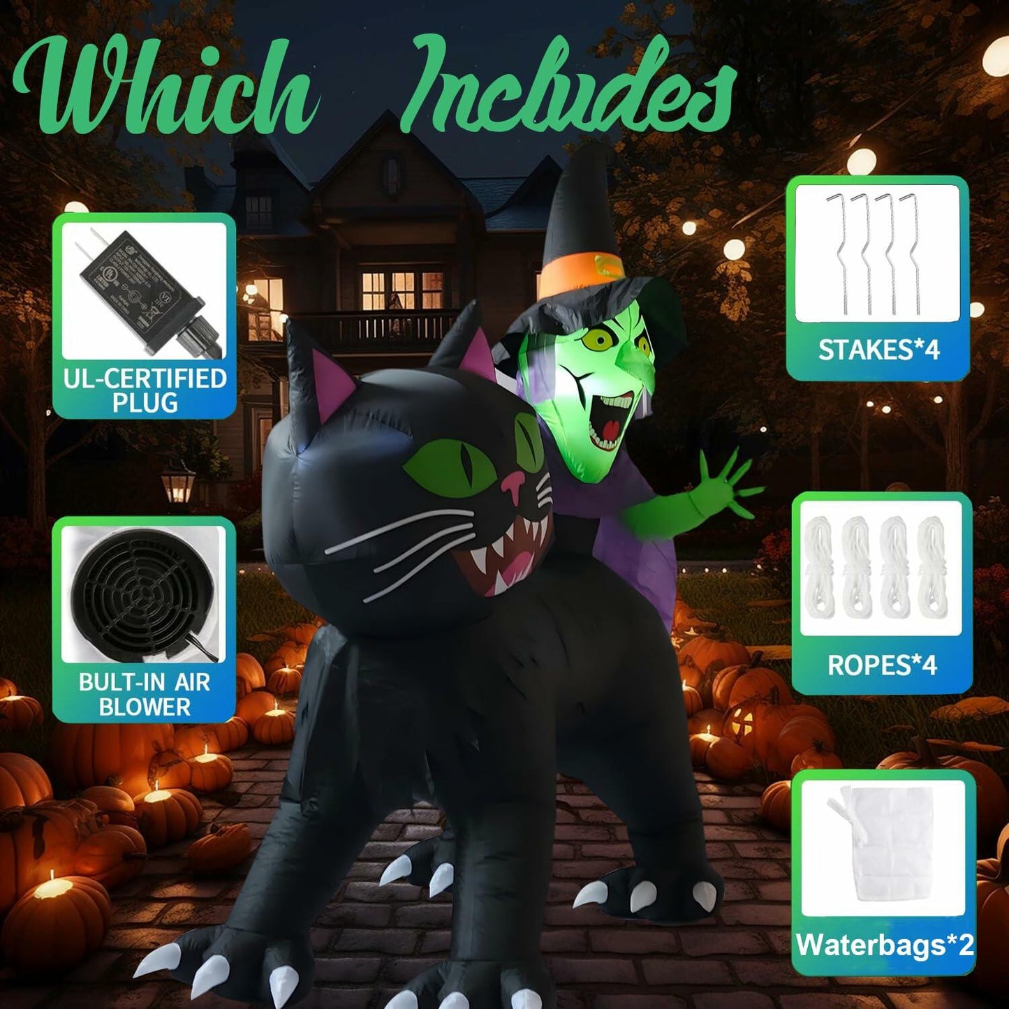 KIMI HOUSE 8FT Halloween Inflatable Black Cat Witch LED Lights Black Orange