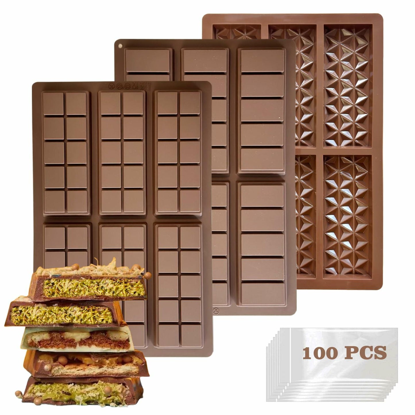 SRYESA Chocolate Bar Mold 3PCS Silicone Deep Non-Stick for Baking