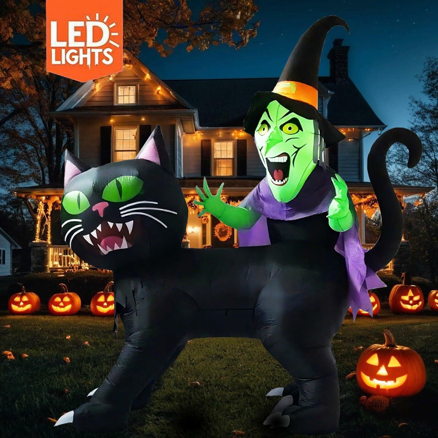 KIMI HOUSE 8FT Halloween Inflatable Black Cat Witch LED Lights Black Orange