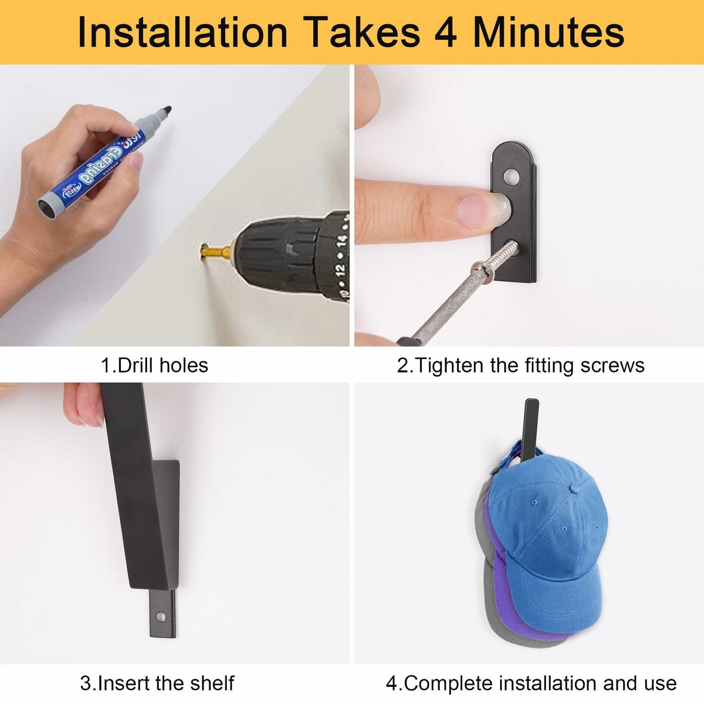 PEDORUBY Wall Mount Hat Rack Hooks for Baseball Caps 3 Pack Black