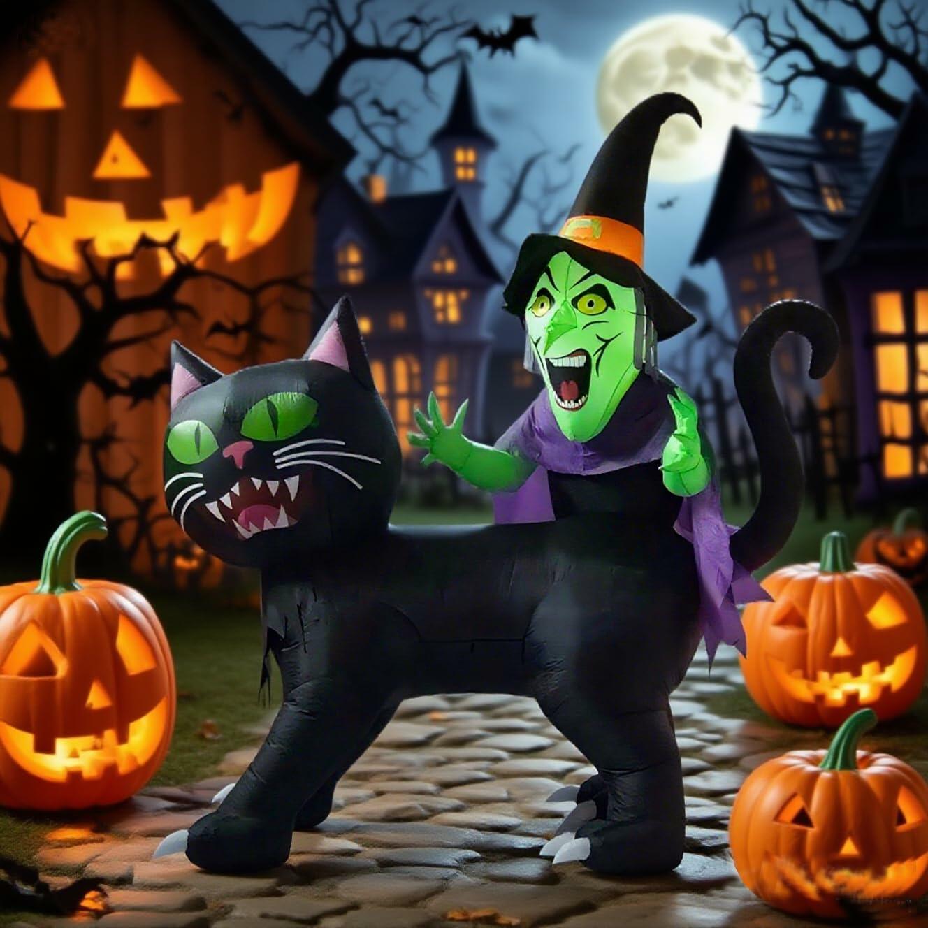 KIMI HOUSE 8FT Halloween Inflatable Black Cat Witch LED Lights Black Orange