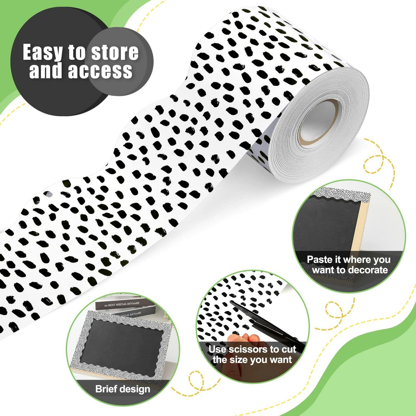 PerKoop Bulletin Board Borders 2 Rolls 131ft Dots White Background