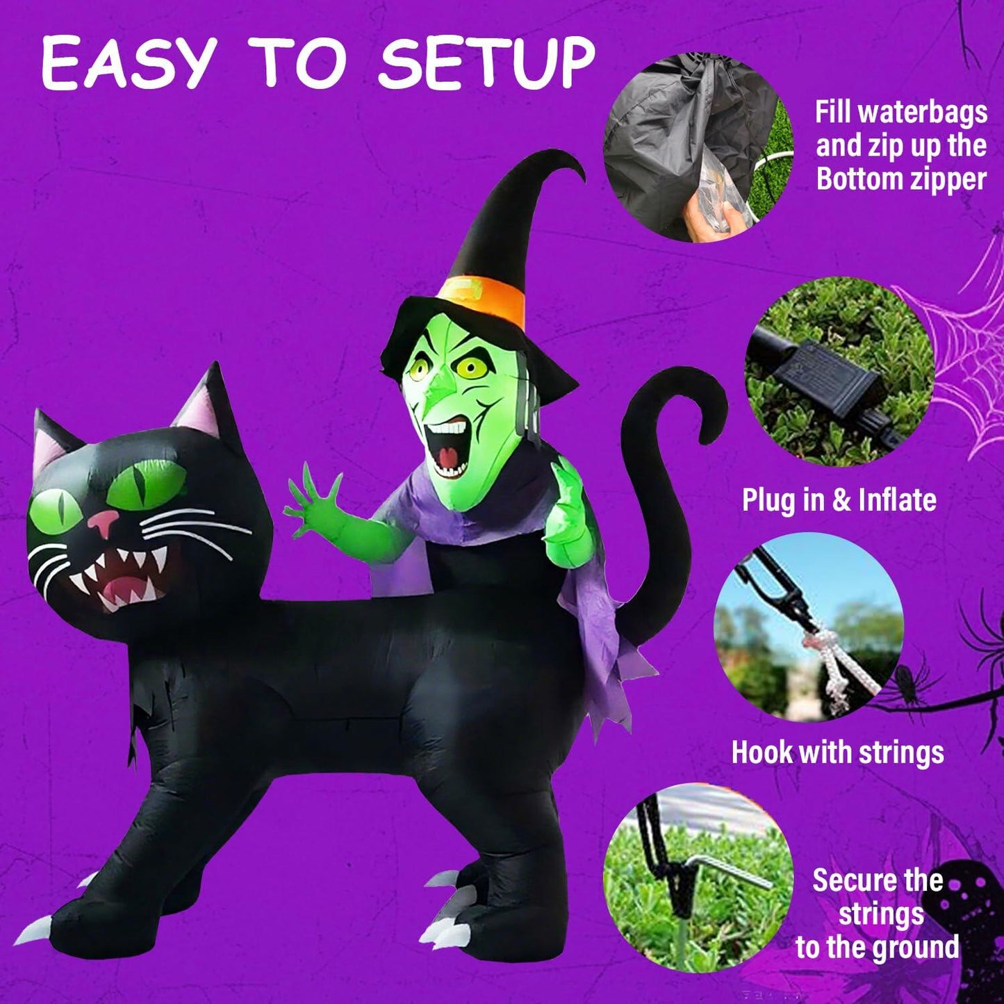 KIMI HOUSE 8FT Halloween Inflatable Black Cat Witch LED Lights Black Orange