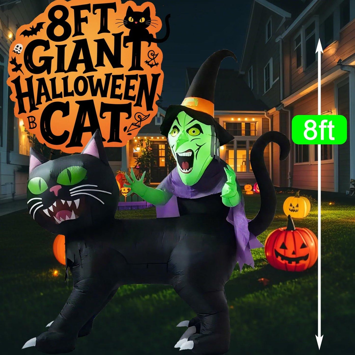 KIMI HOUSE 8FT Halloween Inflatable Black Cat Witch LED Lights Black Orange