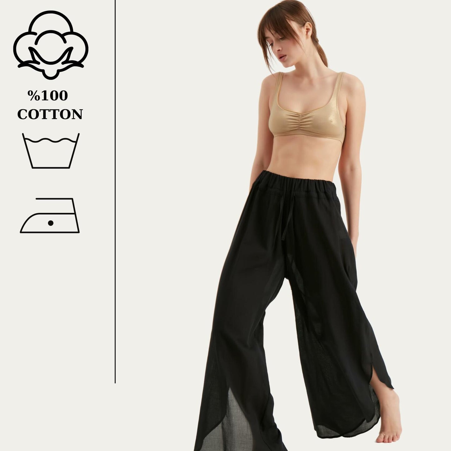 TUBANUR Women's Wide Leg Elastic Waist Slit Loose Pants Black Size XS