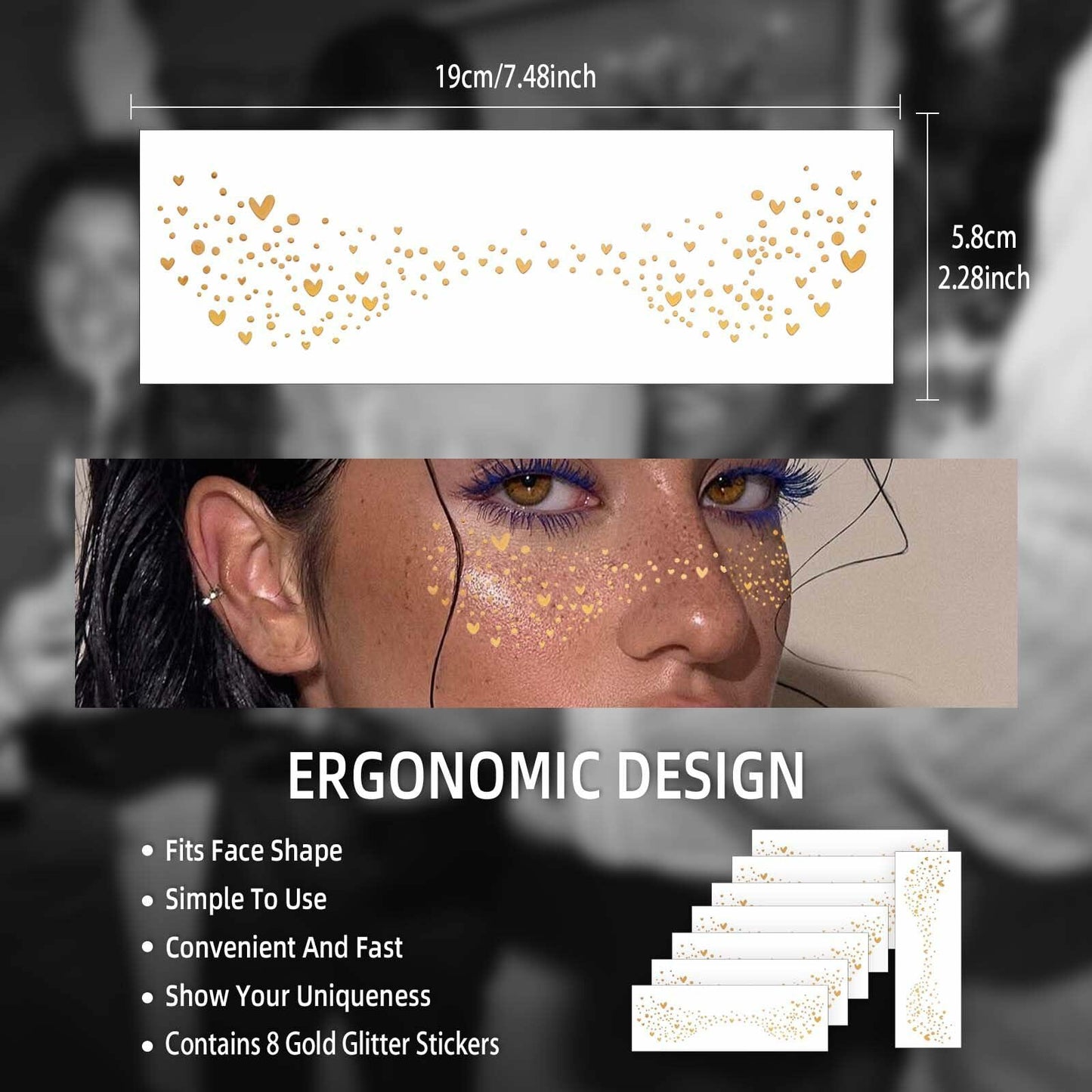 Sokfone Makeup Patches Gold Glitter Freckles Face Tattoo Waterproof 8 Pcs