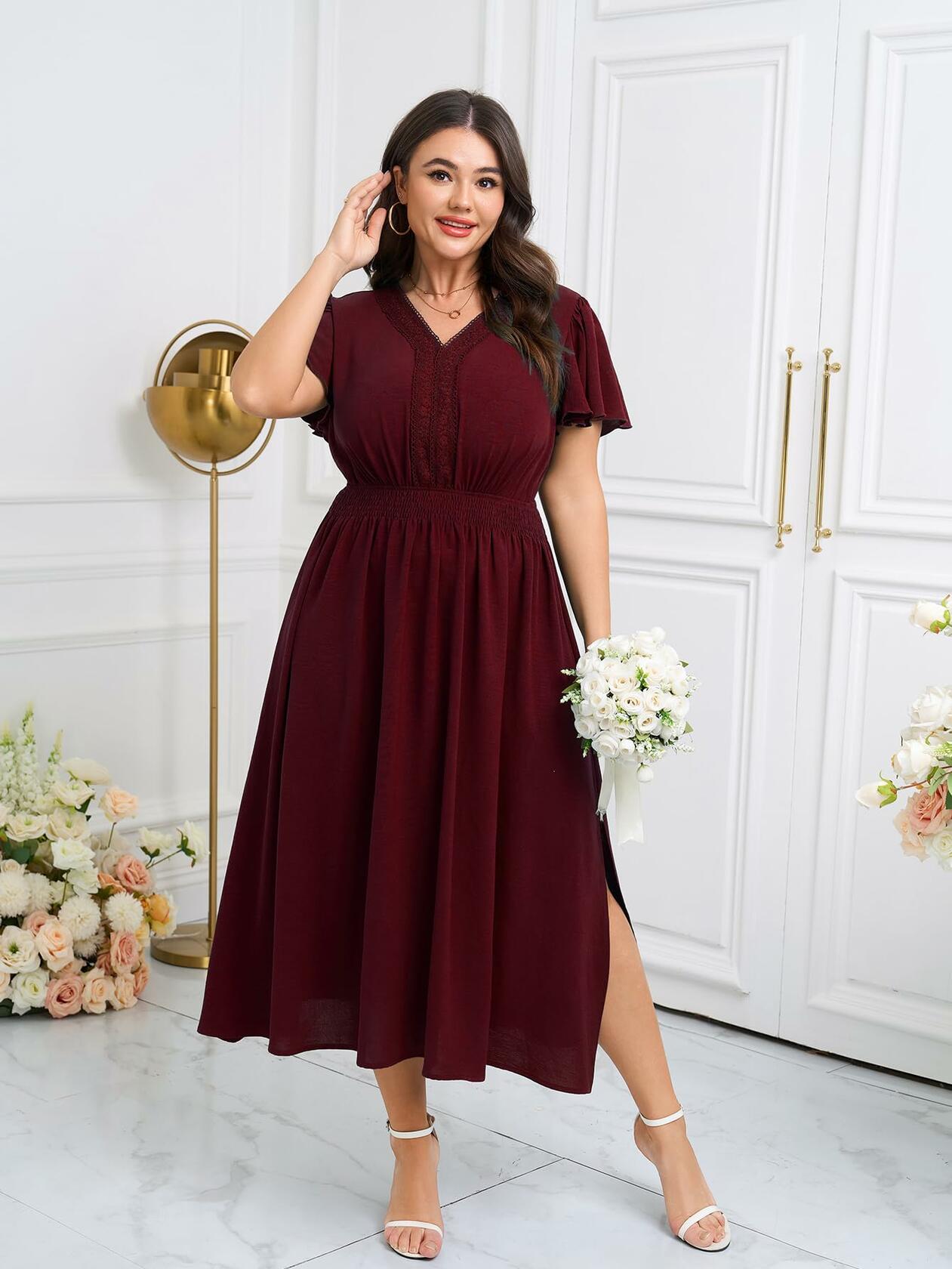 CICIDUDU Plus Size Lace V Neck Ruffle Sleeve Smocked Maxi Dress Burgundy Size 3X