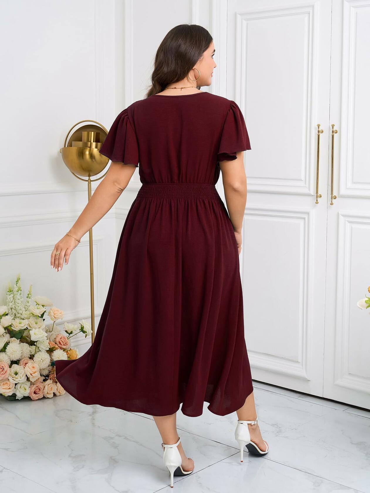 CICIDUDU Plus Size Lace V Neck Ruffle Sleeve Smocked Maxi Dress Burgundy Size 3X