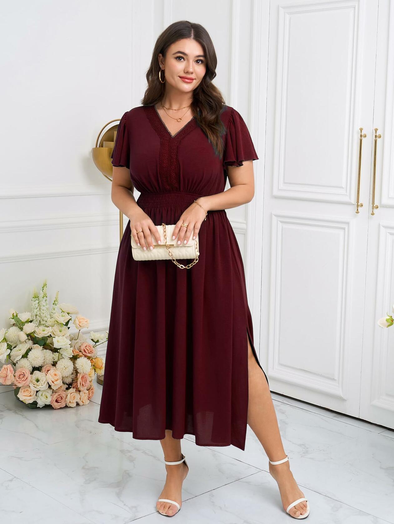 CICIDUDU Plus Size Lace V Neck Ruffle Sleeve Smocked Maxi Dress Burgundy Size 3X