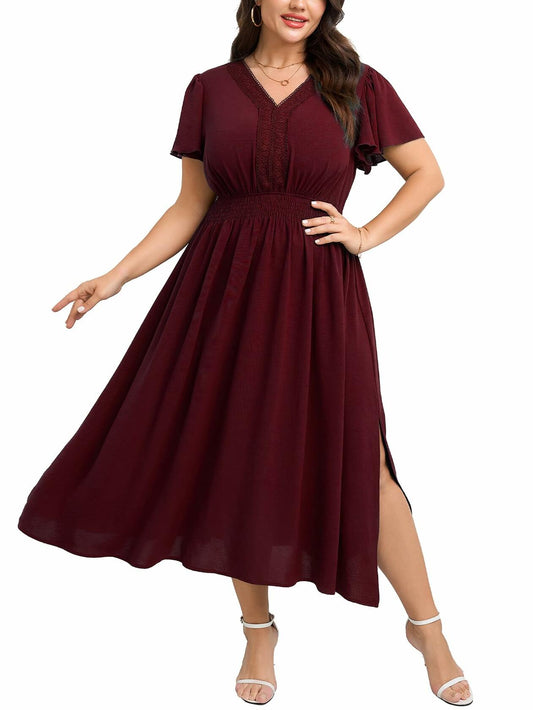 CICIDUDU Plus Size Lace V Neck Ruffle Sleeve Smocked Maxi Dress Burgundy Size 3X