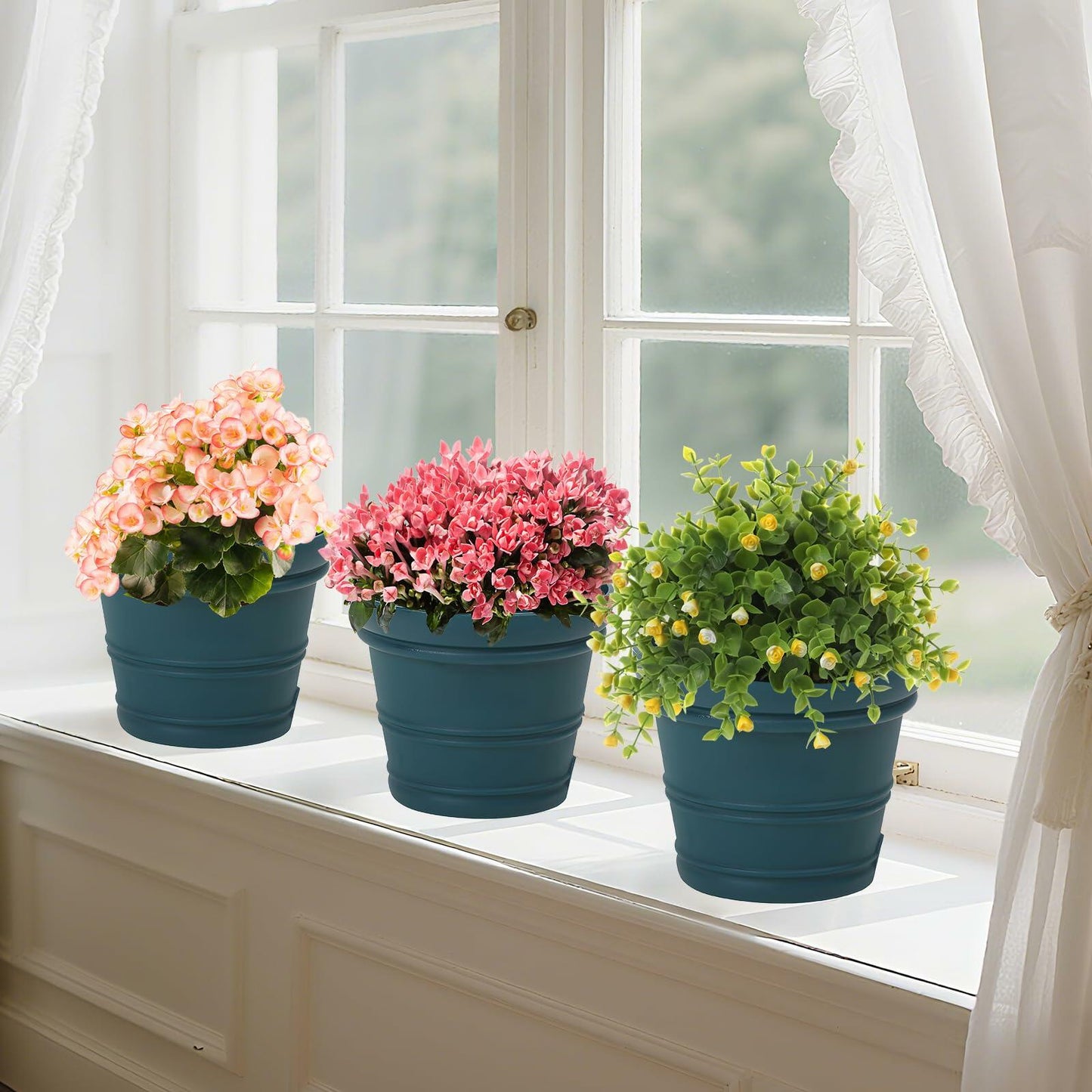 MYITYARD 3 Pack 7 Inch Plastic Plant Pots with Drainage Holes Beige