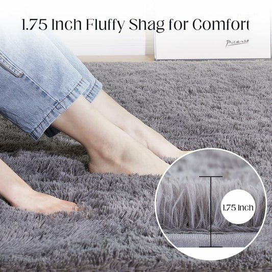 Puremy Grey Round Fluffy Rug 5ft Non-Slip Carpet for Kids Nursery Room