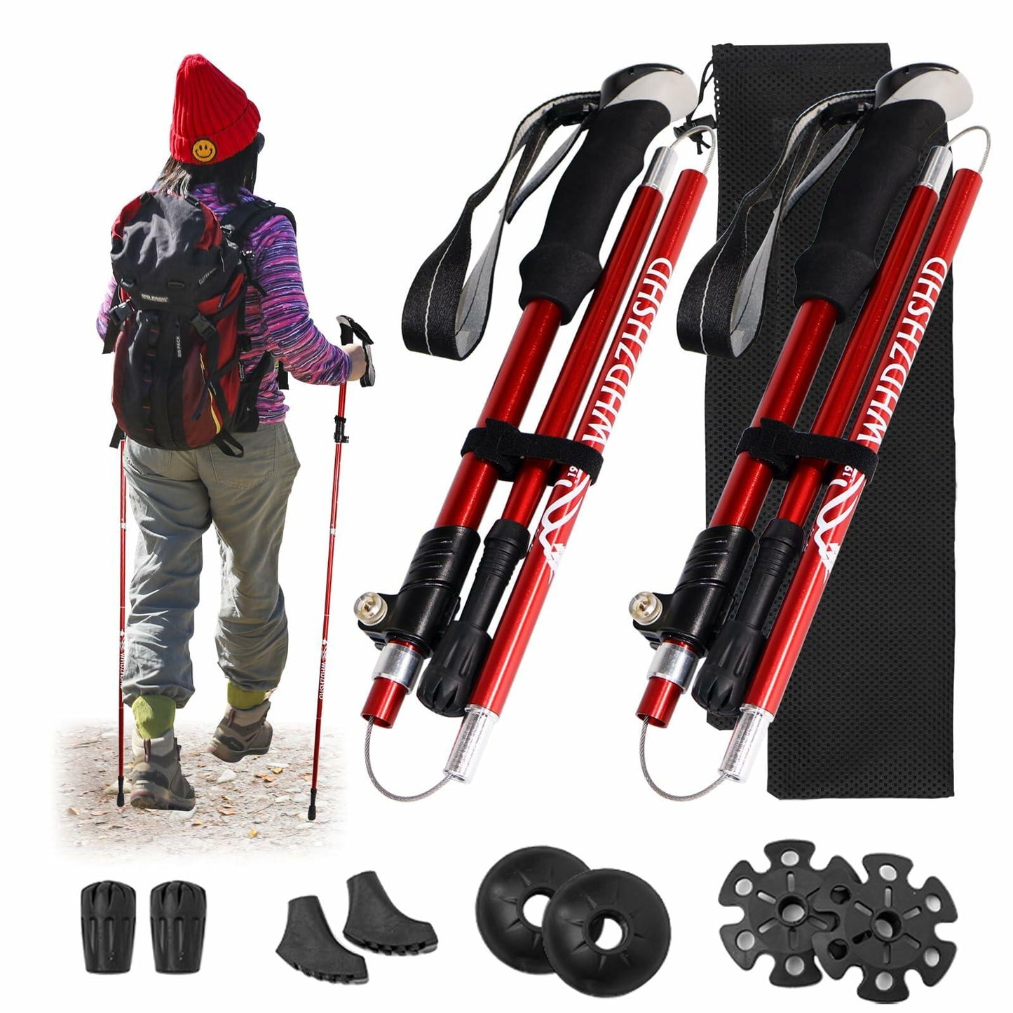 WHDZHSHD Collapsible Trekking Poles Aluminum Adjustable Locks 51in Red 2pc