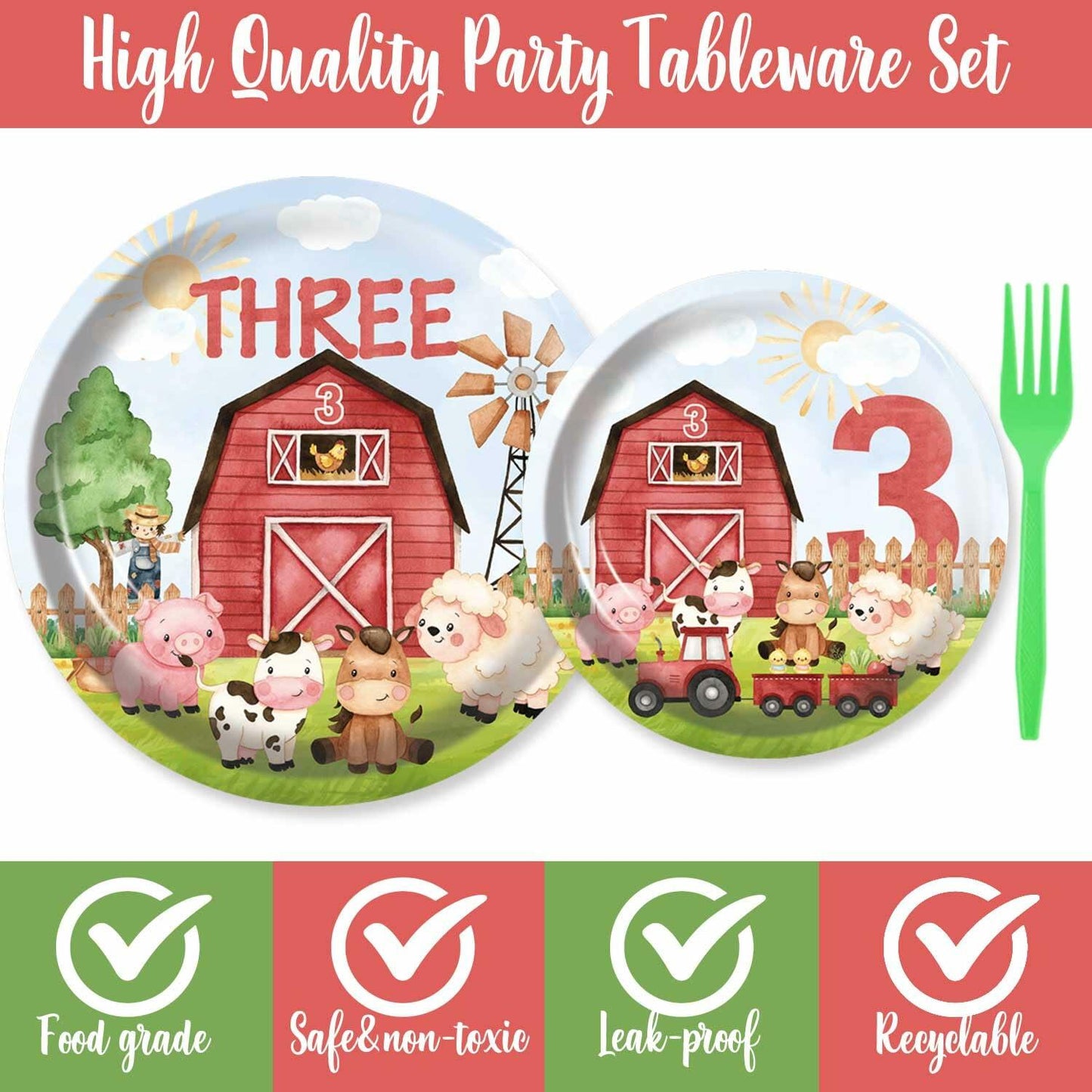 HEETON Farm Boy Three Party Plate 9in Red Green Animal Print Birthday