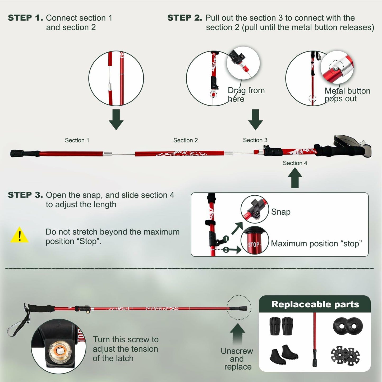 WHDZHSHD Collapsible Trekking Poles Aluminum Adjustable Locks 51in Red 2pc