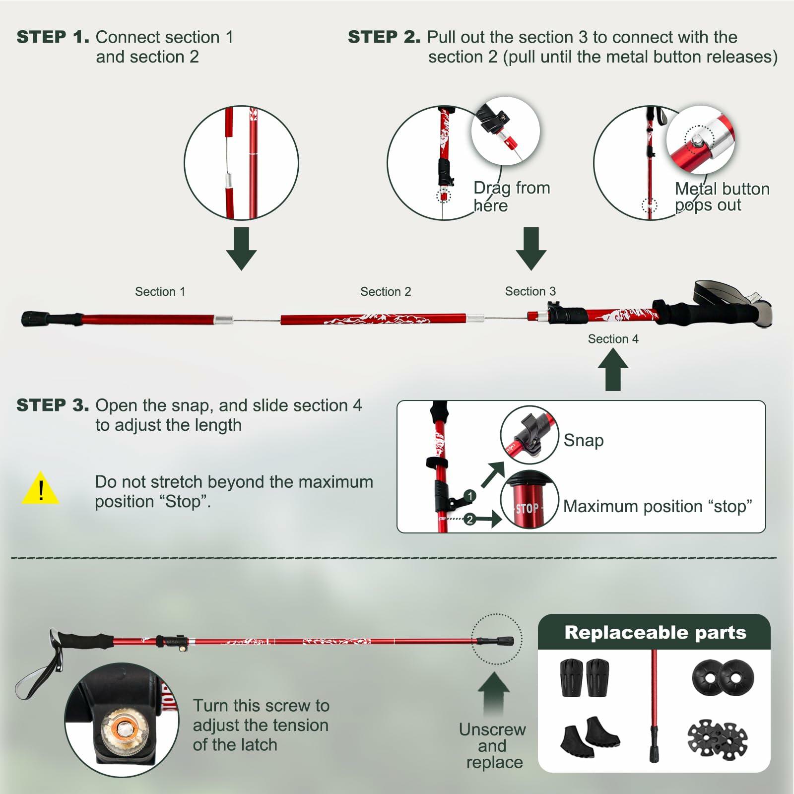 WHDZHSHD Collapsible Trekking Poles Aluminum Adjustable Locks 51in Red 2pc