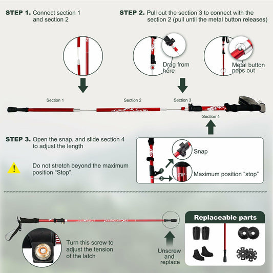 WHDZHSHD Collapsible Trekking Poles Aluminum Adjustable Locks 51in Red 2pc