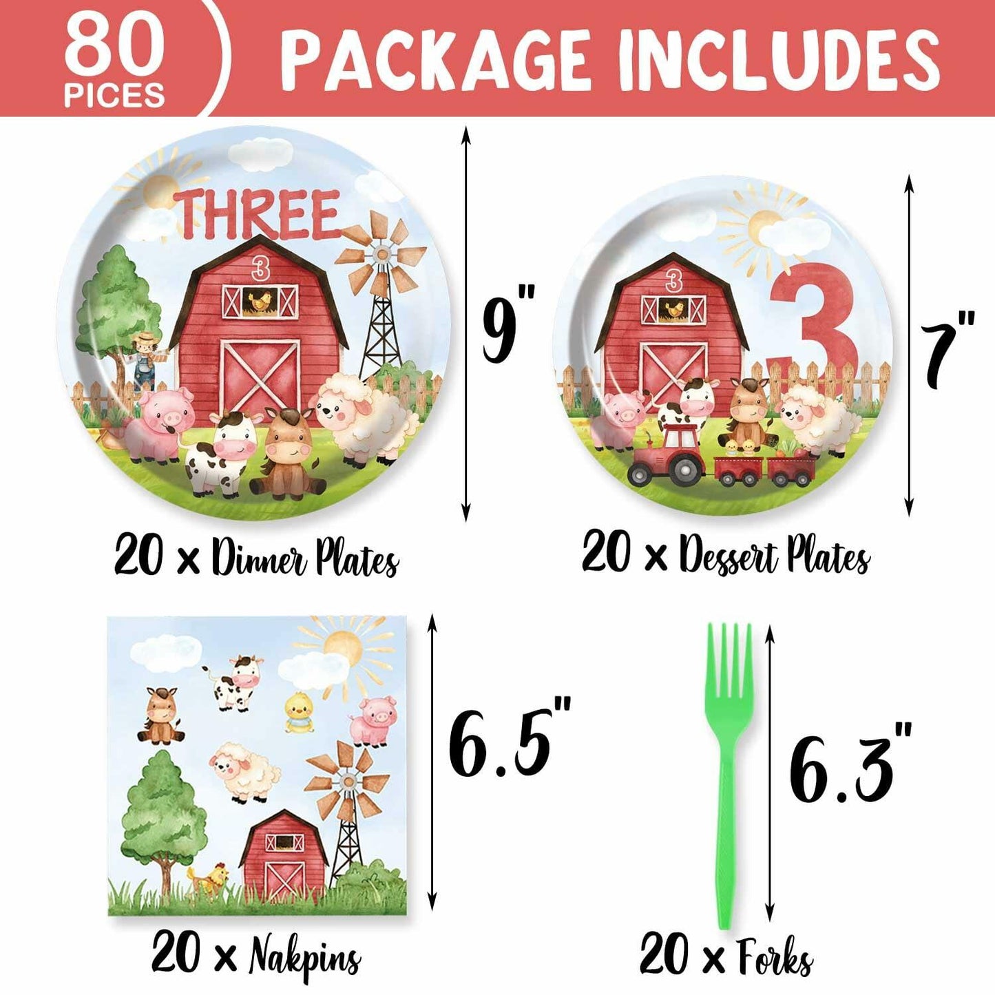 HEETON Farm Boy Three Party Plate 9in Red Green Animal Print Birthday