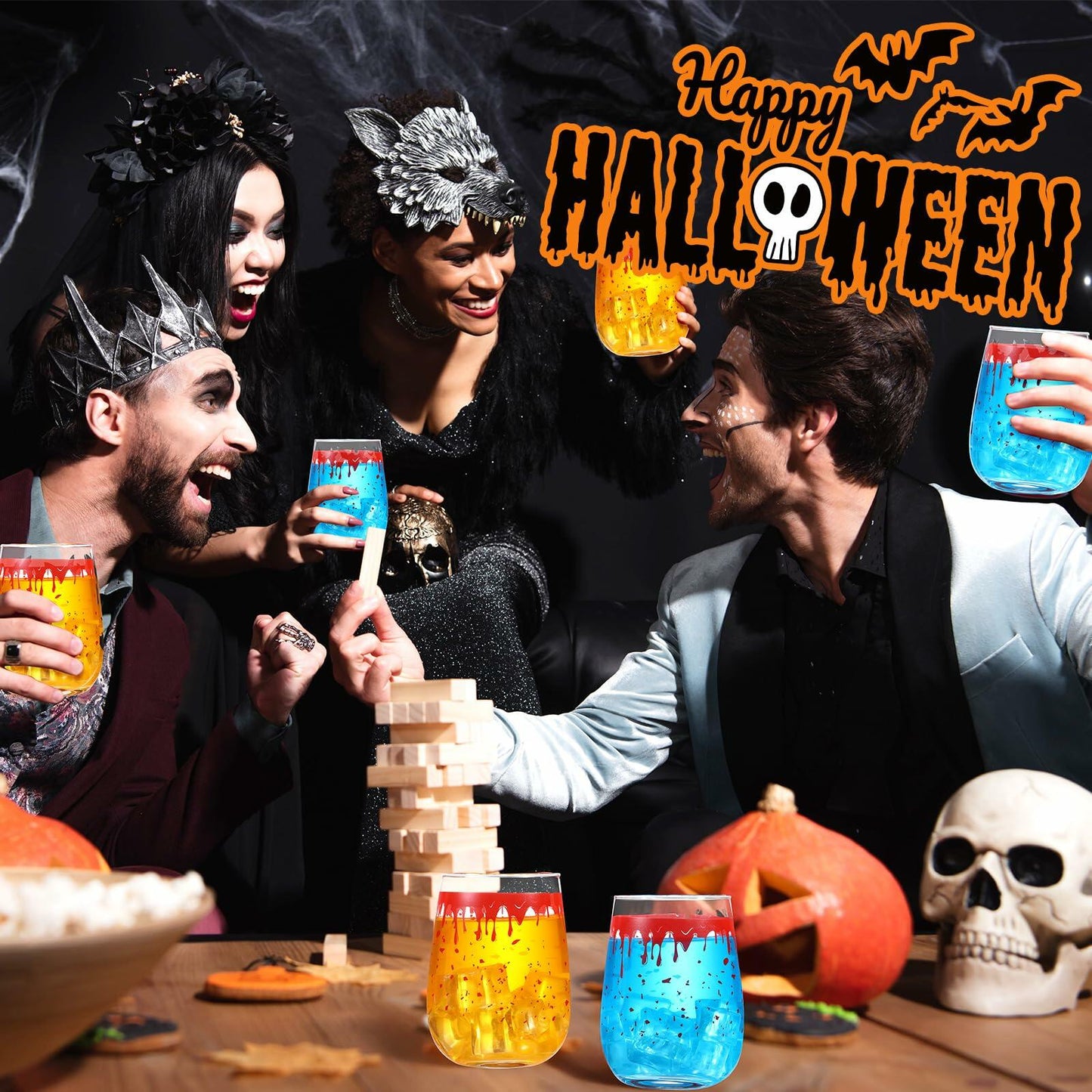 Maxcheck 6 Pack 18oz Stemless Halloween Wine Glasses Clear Bloody