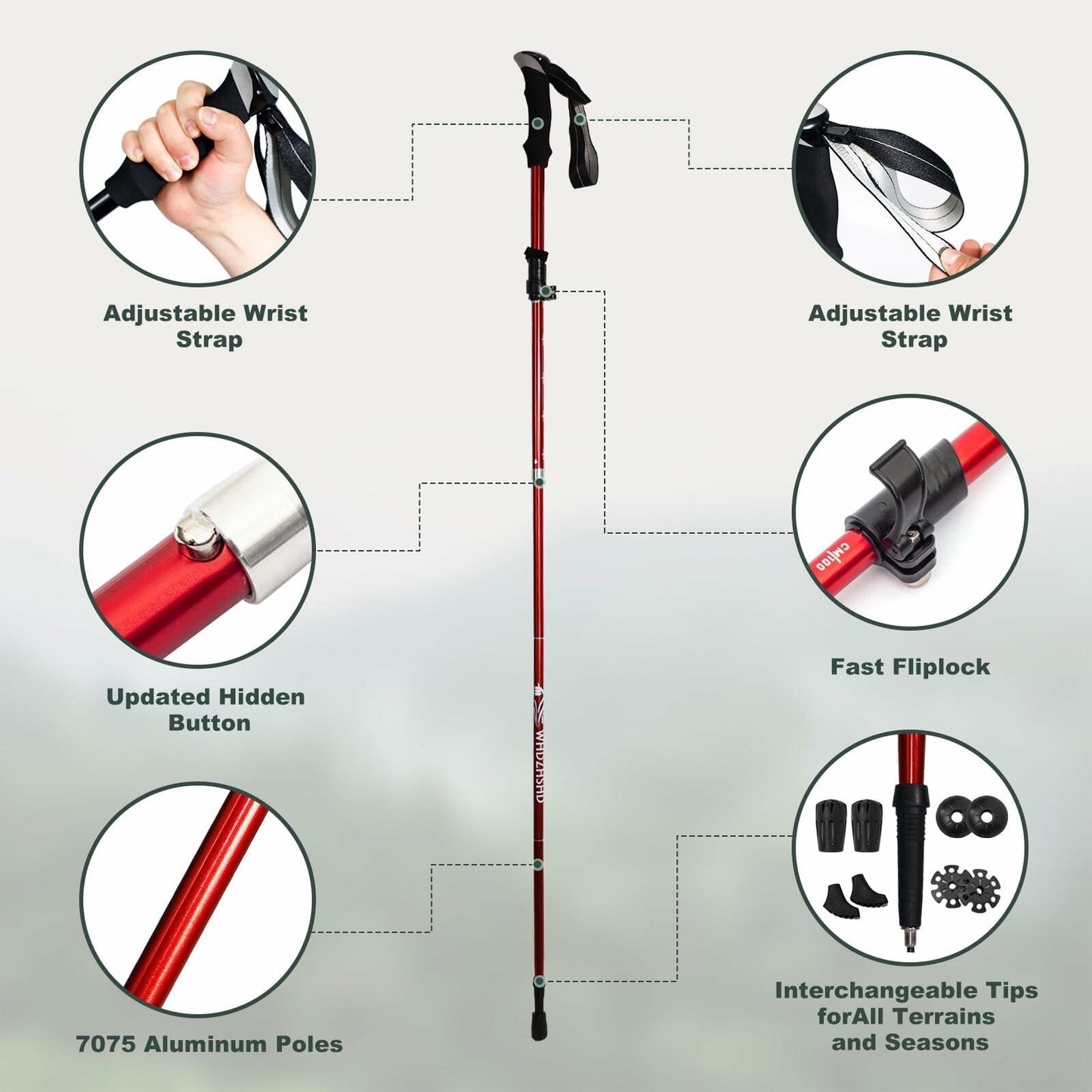 WHDZHSHD Collapsible Trekking Poles Aluminum Adjustable Locks 51in Red 2pc