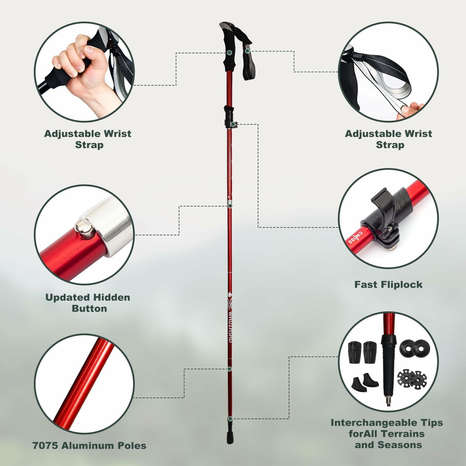 WHDZHSHD Collapsible Trekking Poles Aluminum Adjustable Locks 51in Red 2pc