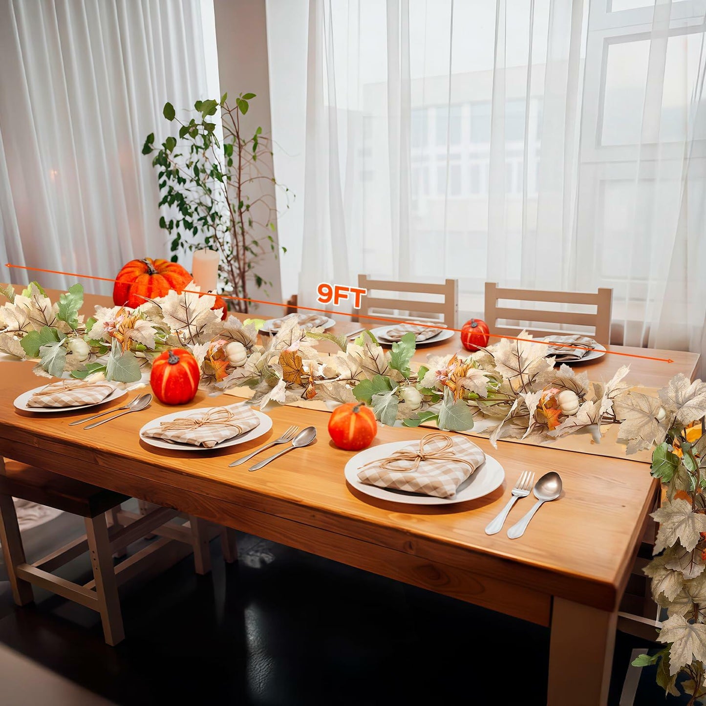 DEPMEM 9Ft Fall Garland White Pumpkins Maple Leaves Thanksgiving Decor 1Pack