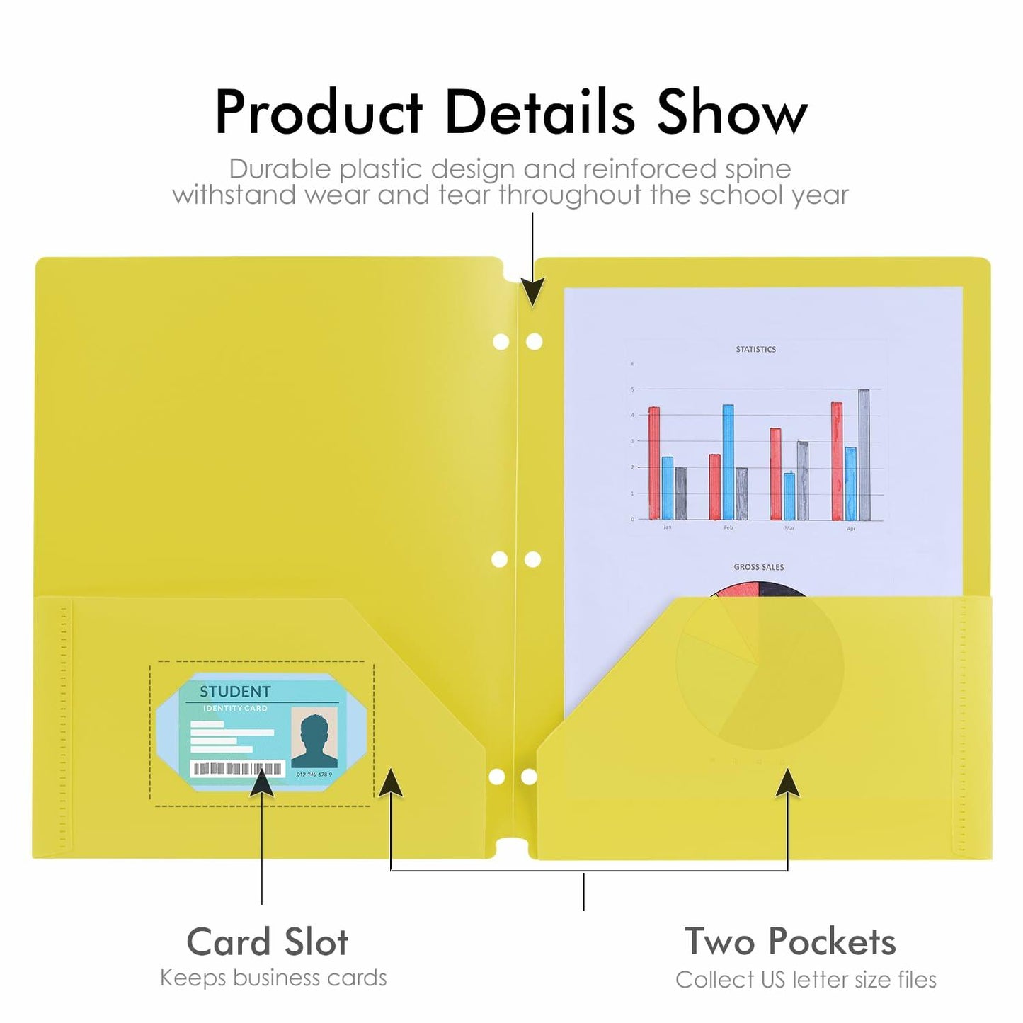 Aipker Plastic Folder with Pockets 3-Hole Punched 7 Pack Assorted Colors