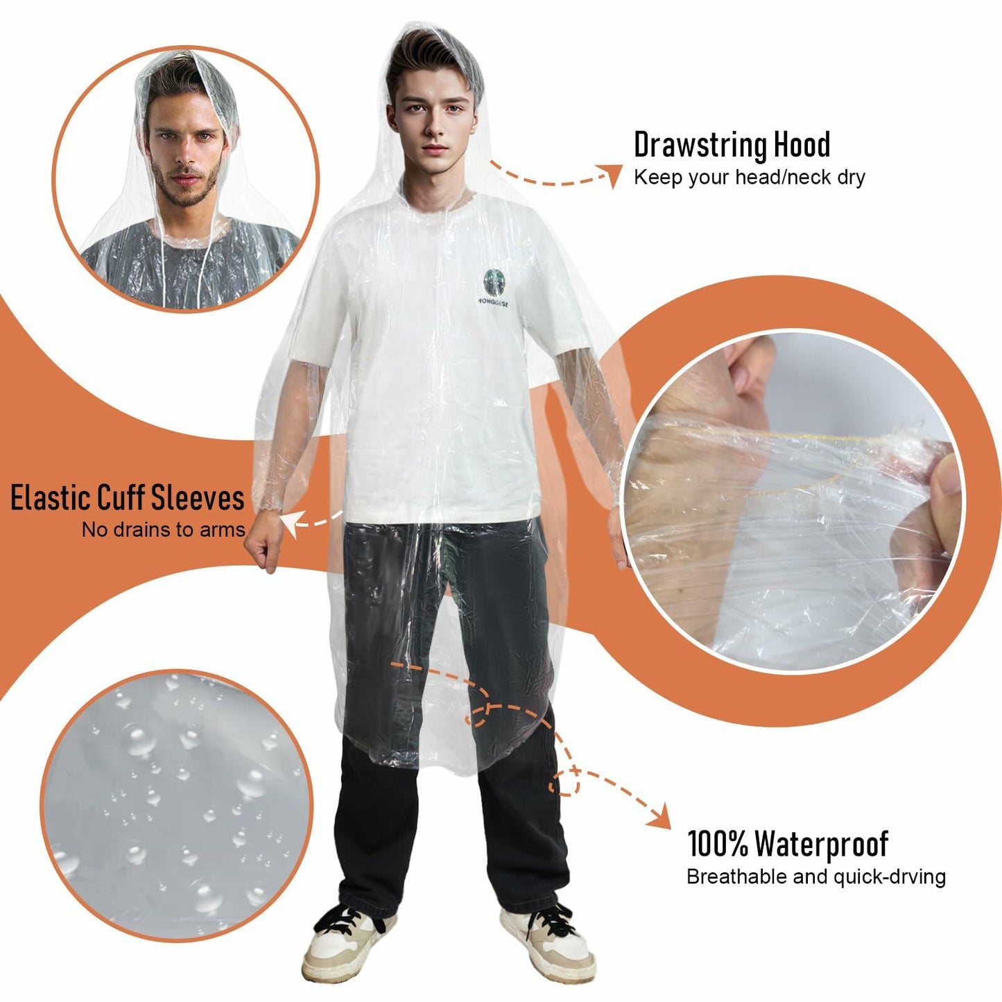 NVioAsport Disposable Rain Ponchos for Adults, 8 Pack, Plastic, Batwing Sleeve