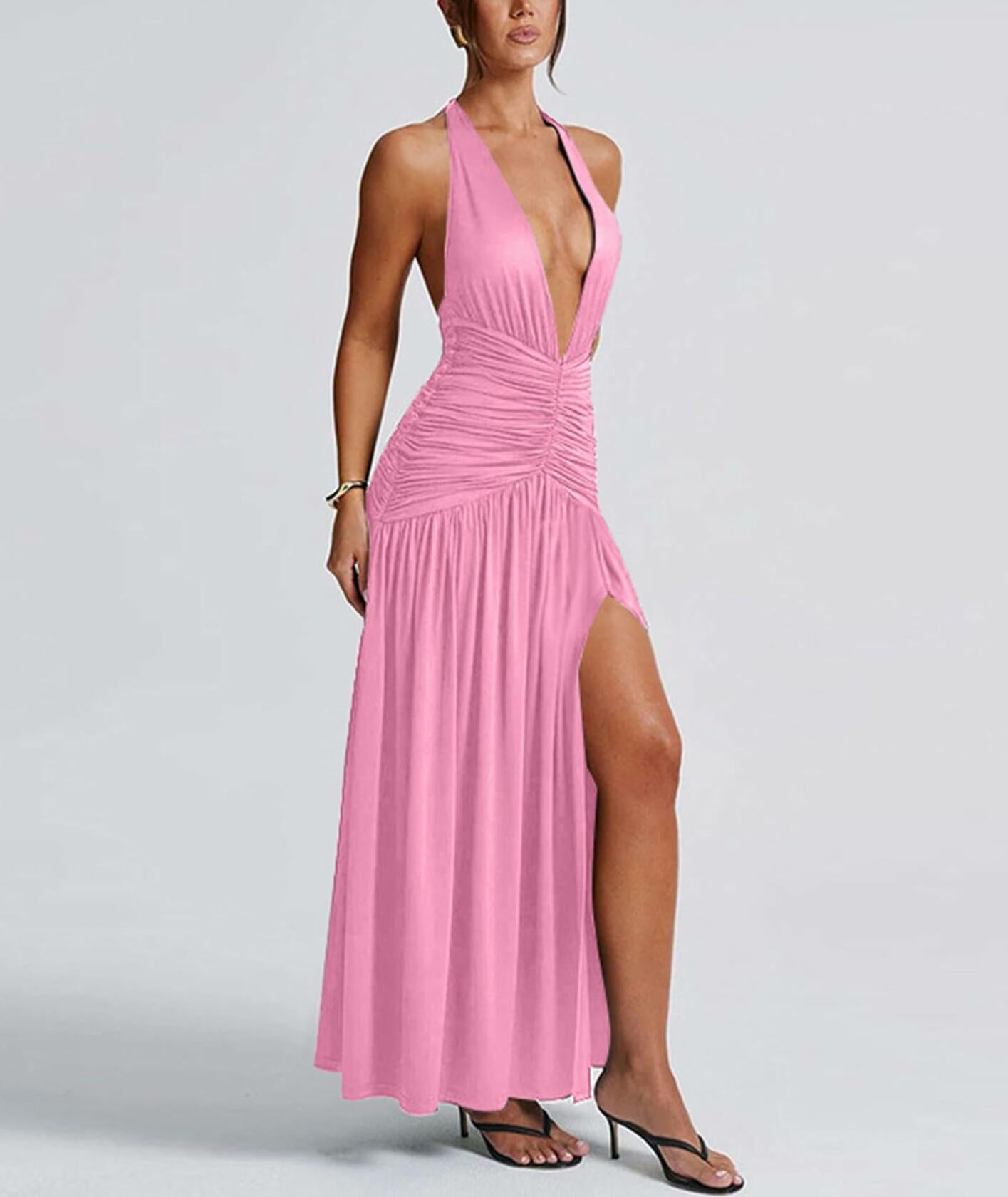Ekaliy Womens Sexy Halter Deep V Neck Maxi Dress Sleeveless Pink Size S