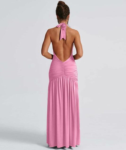 Ekaliy Womens Sexy Halter Deep V Neck Maxi Dress Sleeveless Pink Size S