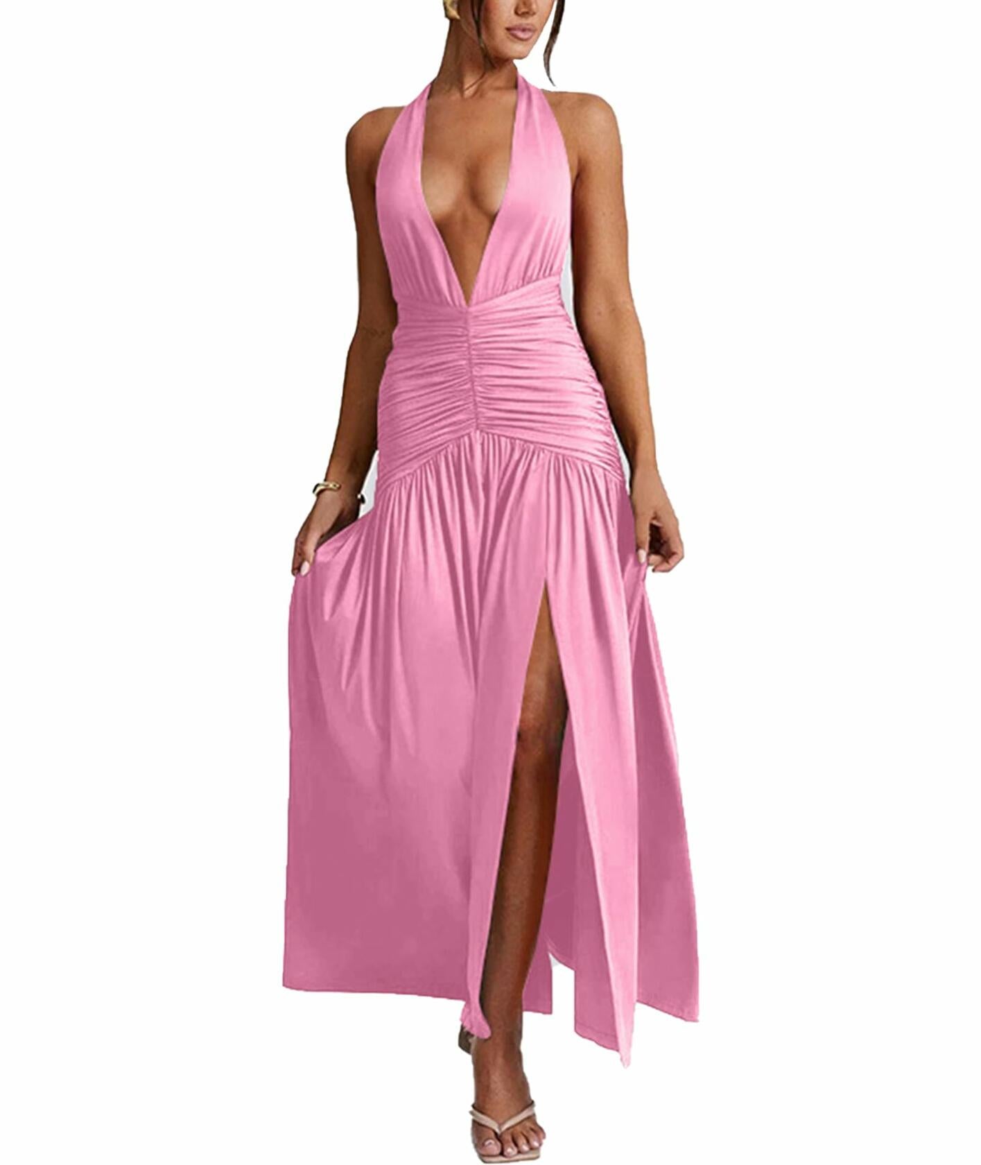 Ekaliy Womens Sexy Halter Deep V Neck Maxi Dress Sleeveless Pink Size S
